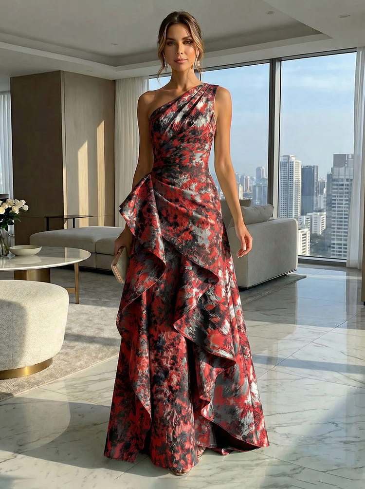 A-Line Floral One Shoulder Satin Formal Dresses with Ruffles