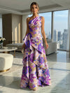 A-Line Floral One Shoulder Satin Formal Dresses with Ruffles