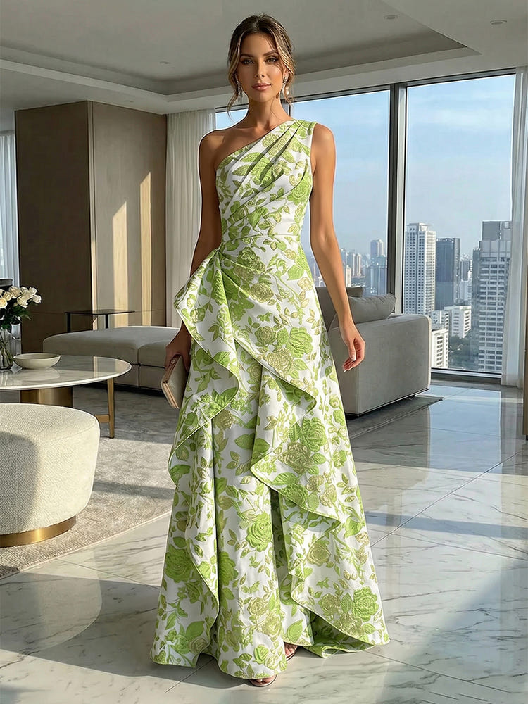 A-Line Floral One Shoulder Satin Formal Dresses with Ruffles