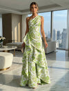 A-Line Floral One Shoulder Satin Formal Dresses with Ruffles