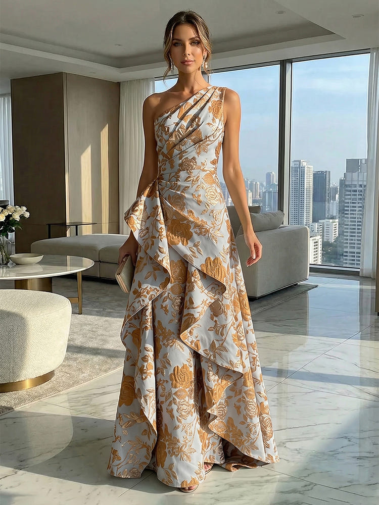 A-Line Floral One Shoulder Satin Formal Dresses with Ruffles