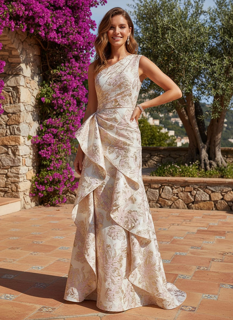 Gracins Light Pink A-Line Floral One Shoulder Satin Formal Dresses with Ruffles 2026