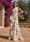 A-Line Floral One Shoulder Satin Formal Dresses with Ruffles