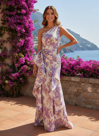A-Line Floral One Shoulder Satin Formal Dresses with Ruffles
