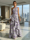 A-Line Floral One Shoulder Satin Formal Dresses with Ruffles