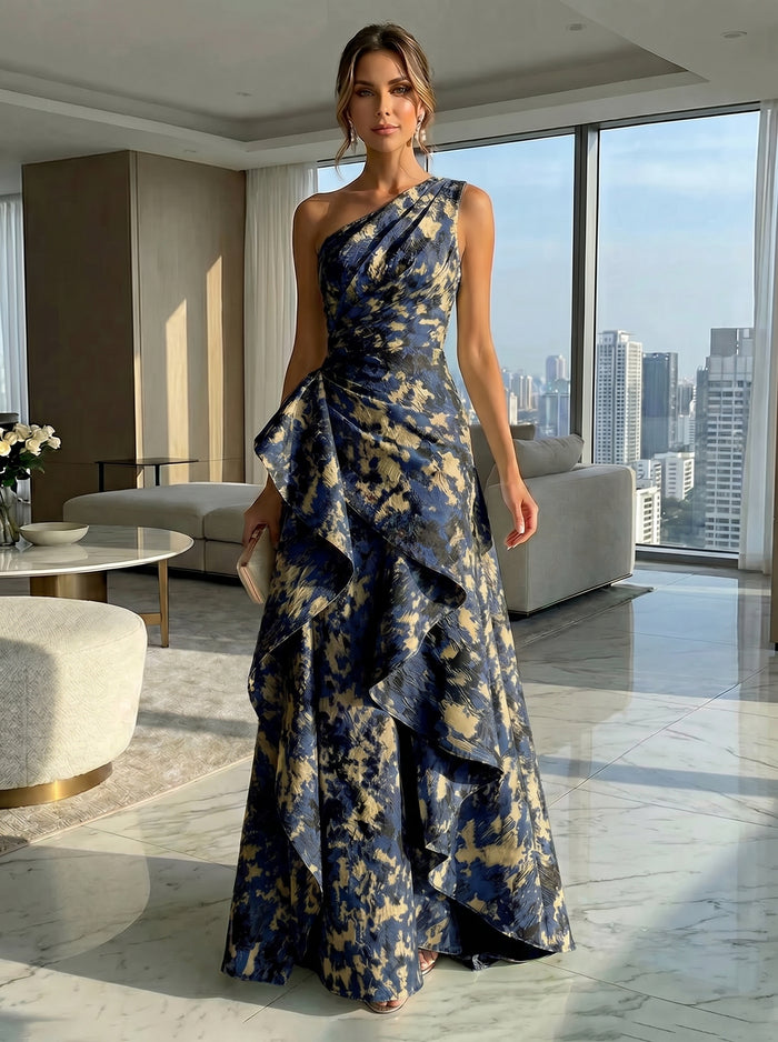 A-Line Floral One Shoulder Satin Formal Dresses with Ruffles