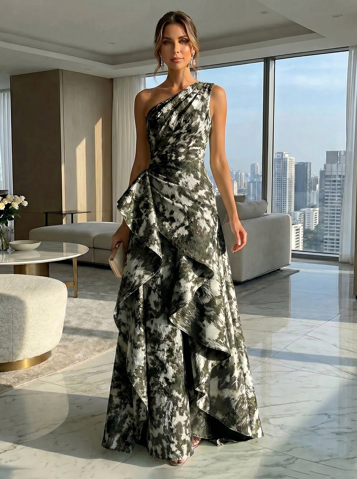 A-Line Floral One Shoulder Satin Formal Dresses with Ruffles