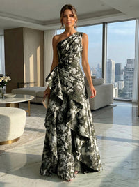 A-Line Floral One Shoulder Satin Formal Dresses with Ruffles