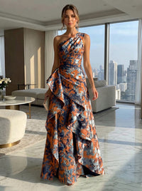 A-Line Floral One Shoulder Satin Formal Dresses with Ruffles