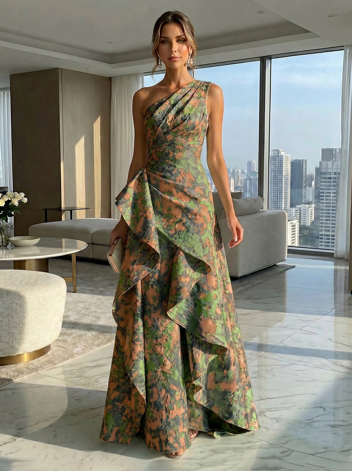 A-Line Floral One Shoulder Satin Formal Dresses with Ruffles