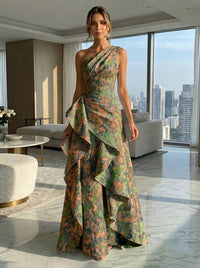 A-Line Floral One Shoulder Satin Formal Dresses with Ruffles