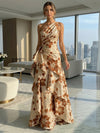 A-Line Floral One Shoulder Satin Formal Dresses with Ruffles