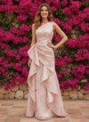 A-Line Floral One Shoulder Satin Formal Dresses with Ruffles