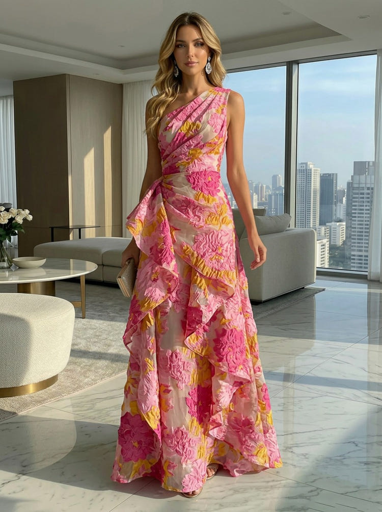 Gracins Pink A-Line Floral One Shoulder Satin Formal Dresses with Ruffles 2026