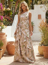 A-Line Floral One Shoulder Satin Formal Dresses with Ruffles