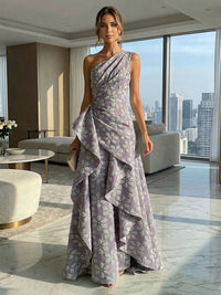 A-Line Floral One Shoulder Satin Formal Dresses with Ruffles