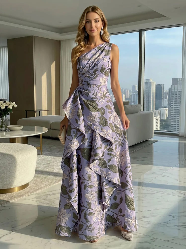 2026 Floral Formal Maxi Dresses Elegant Women's A-Line One Shoulder Sleeveless Ruffle Ruched Satin Guest Evening Gown
