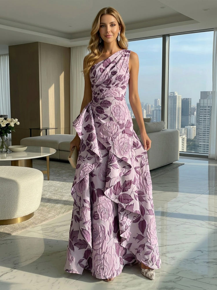 A-Line Floral One Shoulder Satin Formal Dresses with Ruffles