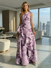 A-Line Floral One Shoulder Satin Formal Dresses with Ruffles