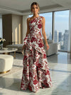 A-Line Floral One Shoulder Satin Formal Dresses with Ruffles