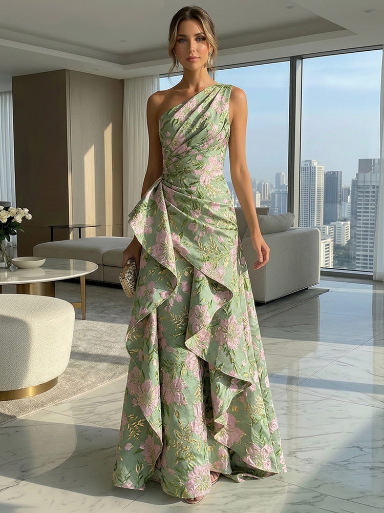 A-Line Floral One Shoulder Satin Formal Dresses with Ruffles