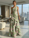 A-Line Floral One Shoulder Satin Formal Dresses with Ruffles