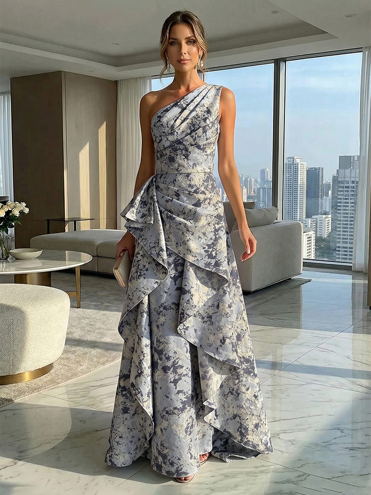 2026 Floral Formal Maxi Dresses Elegant Women's A-Line One Shoulder Sleeveless Ruffle Ruched Satin Guest Evening Gown