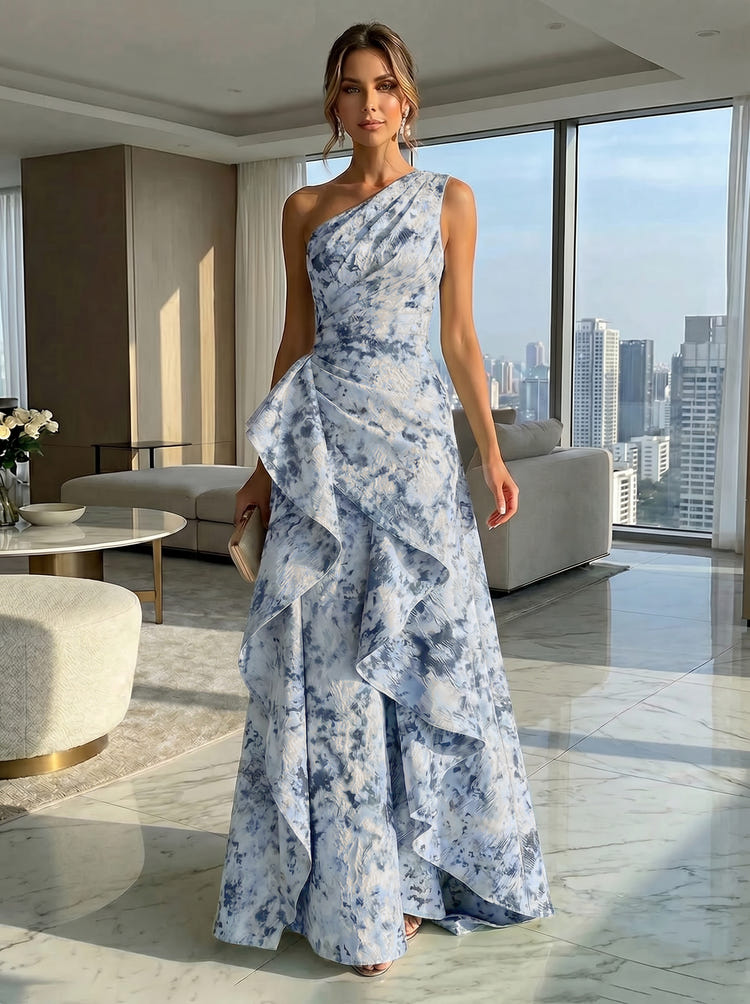 A-Line Floral One Shoulder Satin Formal Dresses with Ruffles