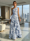 A-Line Floral One Shoulder Satin Formal Dresses with Ruffles