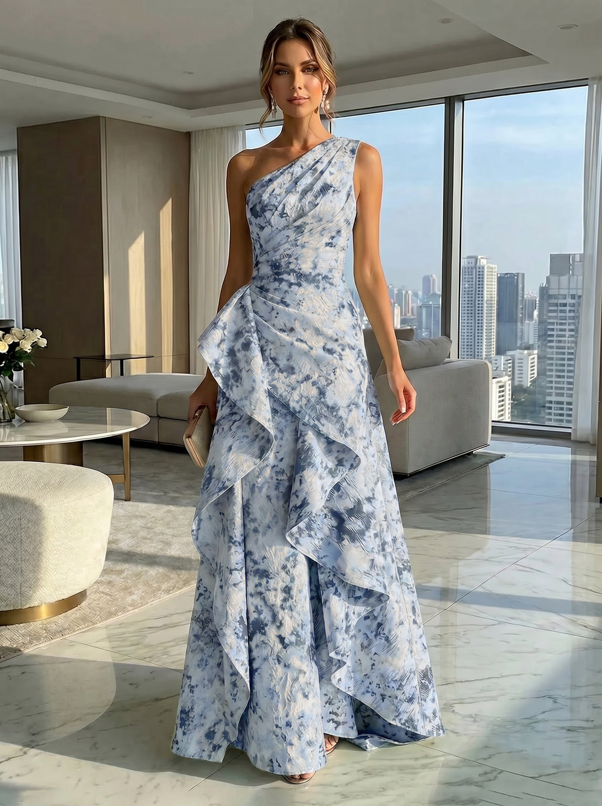 Floral Sage Formal Evening Dresses with Ruffles A-Line One-Shoulder Ruffles Floor-Length Wedding Guest Dresses