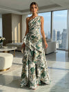 A-Line Floral One Shoulder Satin Formal Dresses with Ruffles