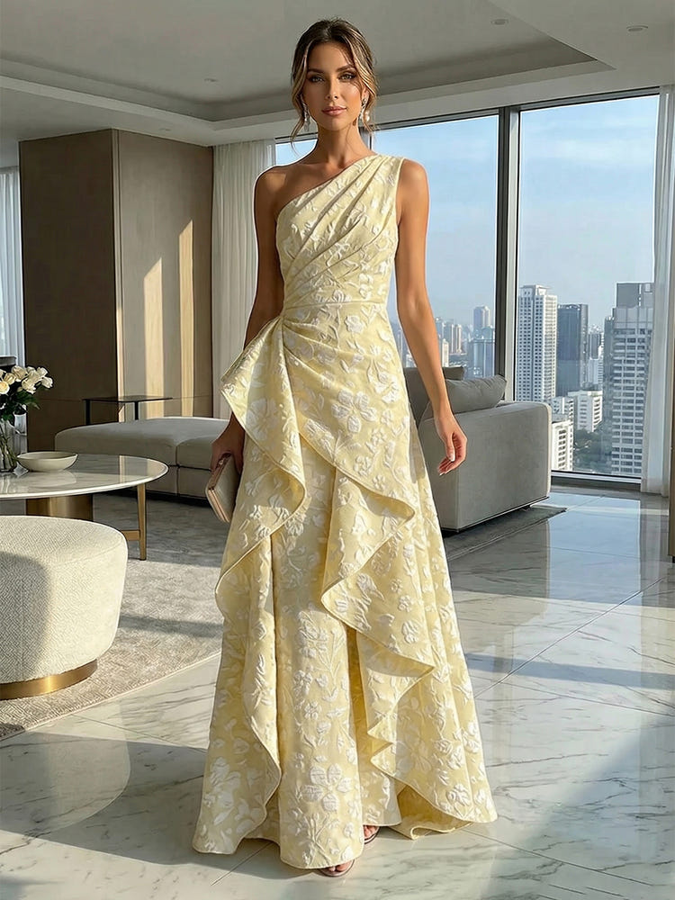 A-Line Floral One Shoulder Satin Formal Dresses with Ruffles
