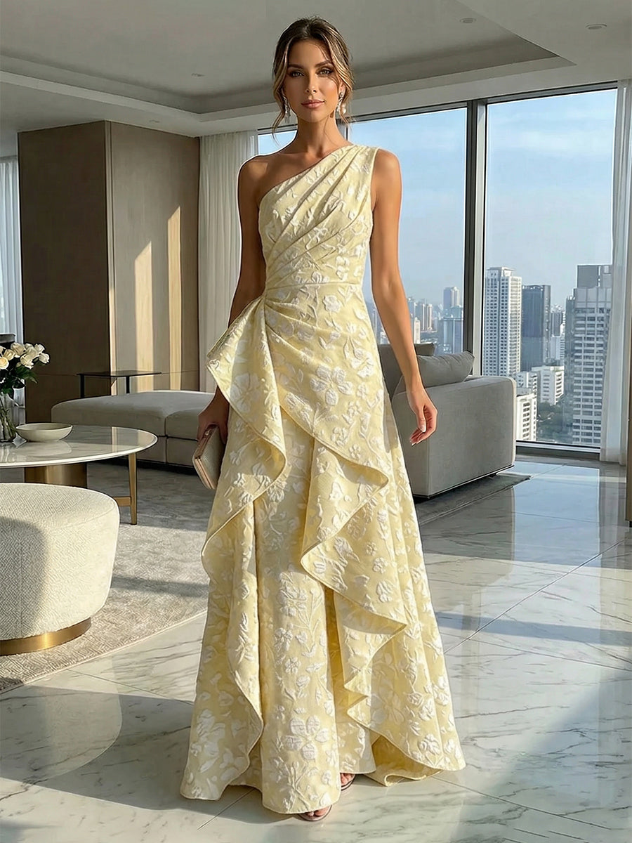 A-Line Floral One Shoulder Satin Formal Dresses with Ruffles