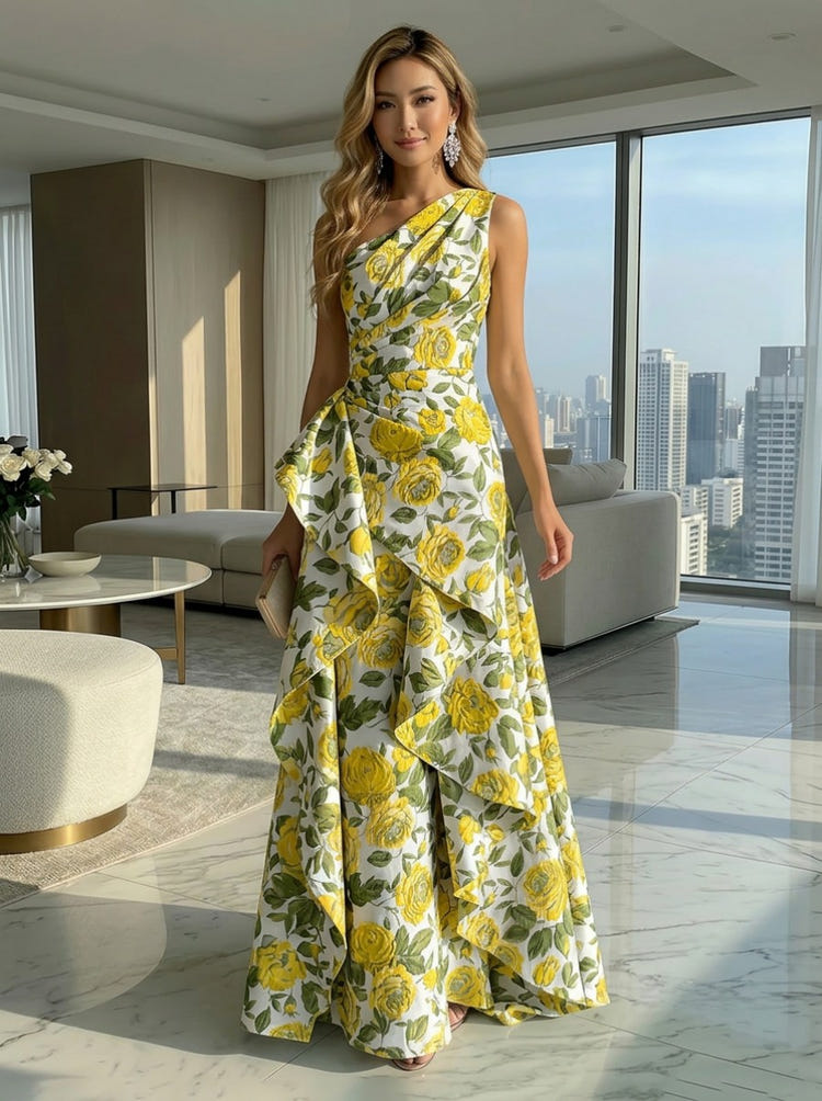 Gracins Yellow A-Line Floral One Shoulder Satin Formal Dresses with Ruffles 2026