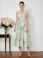 Tea Length Floral A-Line V Neck Pleated Cocktail Dresses