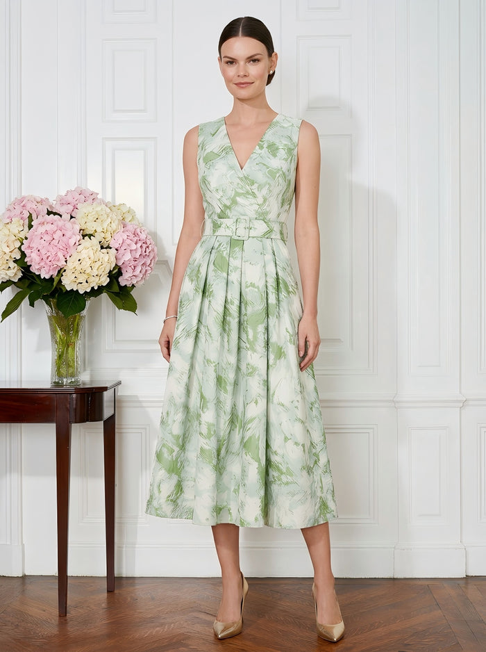 Tea Length Floral A-Line V Neck Pleated Cocktail Dresses