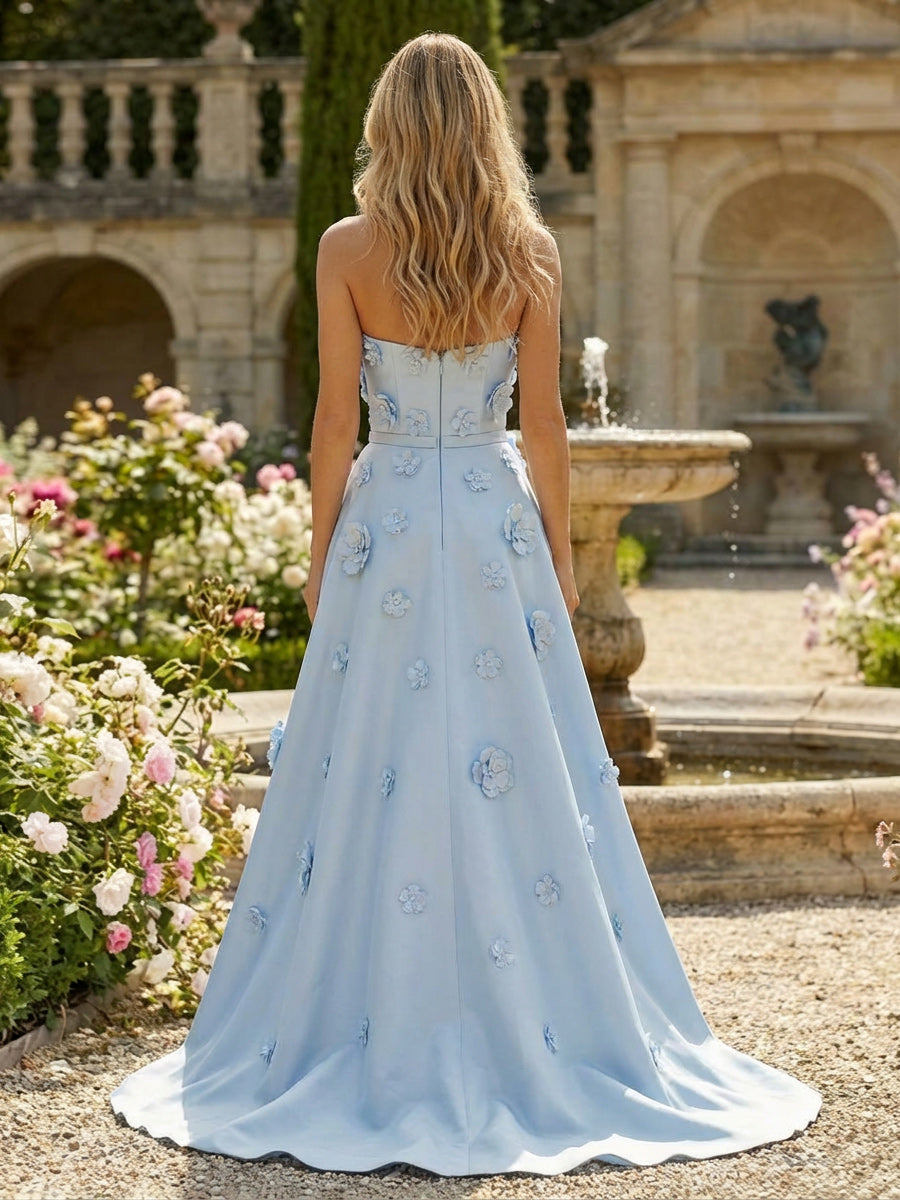 Satin A-Line Pleated Formal Dresses with 3D Flowers