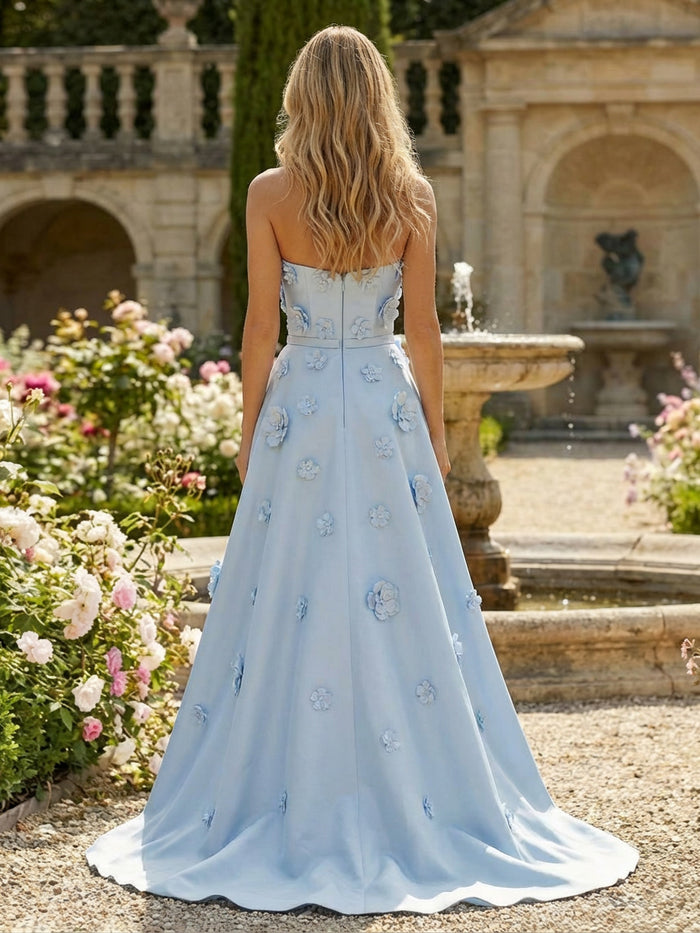 Satin A-Line Pleated Formal Dresses with 3D Flowers