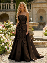 Satin A-Line Pleated Formal Dresses with 3D Flowers