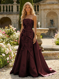Satin A-Line Pleated Formal Dresses with 3D Flowers