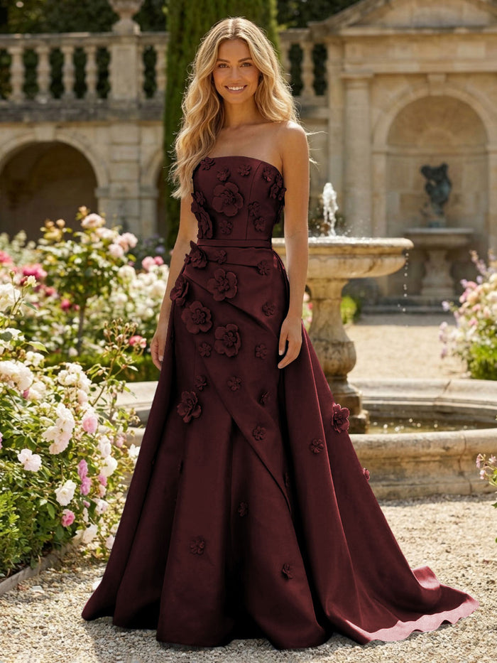 Satin A-Line Pleated Formal Dresses with 3D Flowers