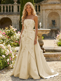Satin A-Line Pleated Formal Dresses with 3D Flowers