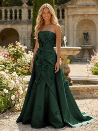 Satin A-Line Pleated Formal Dresses with 3D Flowers