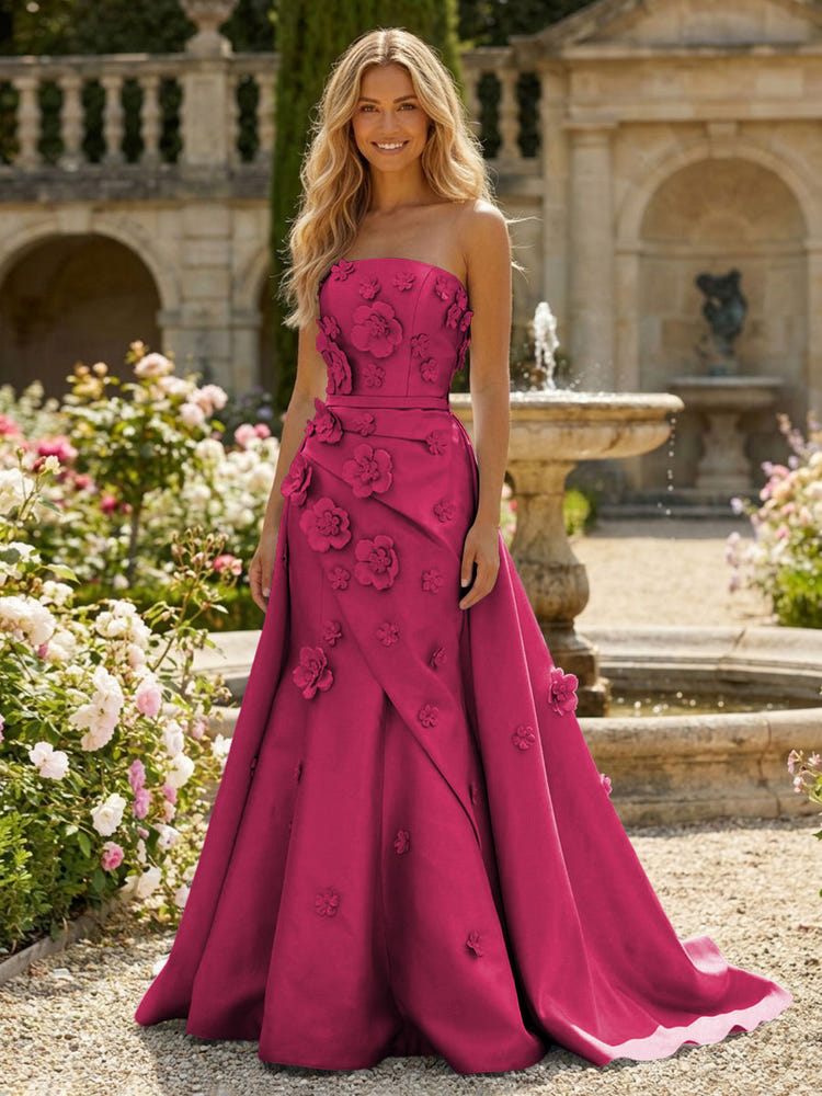 Satin A-Line Pleated Formal Dresses with 3D Flowers