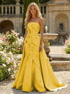 Satin A-Line Pleated Formal Dresses with 3D Flowers
