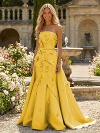 Satin A-Line Pleated Formal Dresses with 3D Flowers