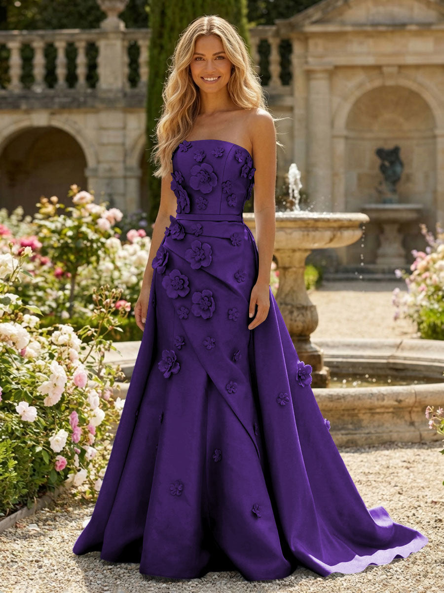Satin A-Line Pleated Formal Dresses with 3D Flowers