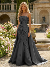 Satin A-Line Pleated Formal Dresses with 3D Flowers