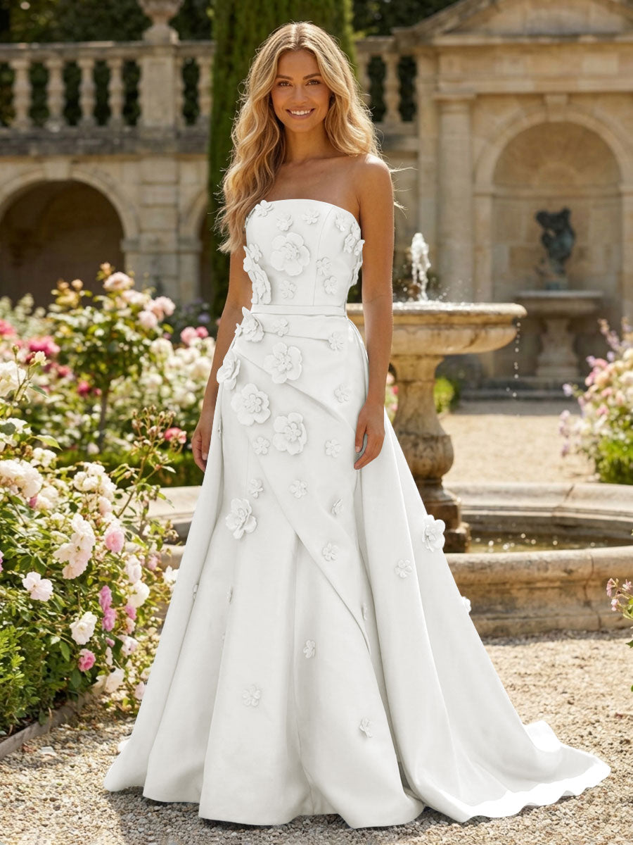 Satin A-Line Pleated Formal Dresses with 3D Flowers
