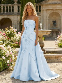 Satin A-Line Pleated Formal Dresses with 3D Flowers